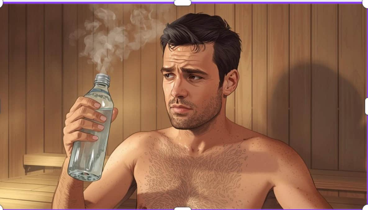 Person in infrared sauna sweating heavily with water bottle symbolizing dehydration risk