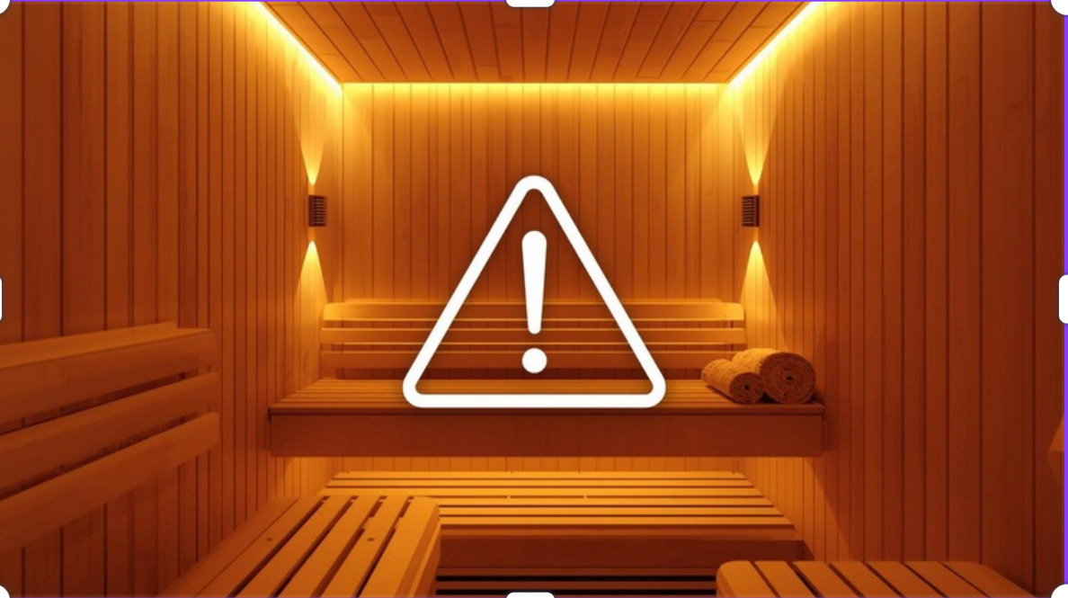 Modern infrared sauna with safety warning symbol highlighting potential risks and contraindications