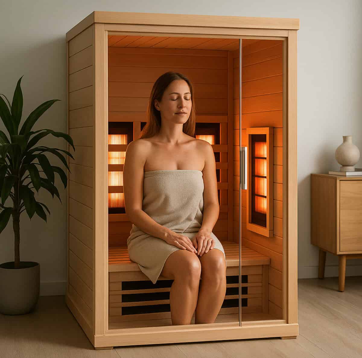 Beginner using an infrared sauna at home in a compact wooden infrared cabin