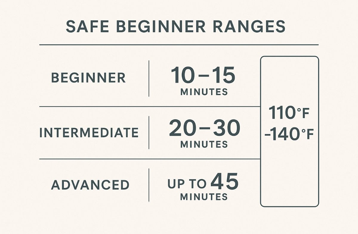 Chart showing recommended times and temperatures for infrared sauna beginners to advanced users