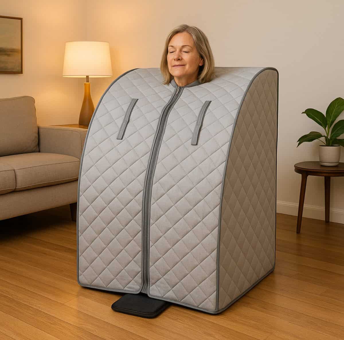 Portable infrared sauna tent set up in a living room with user seated comfortably