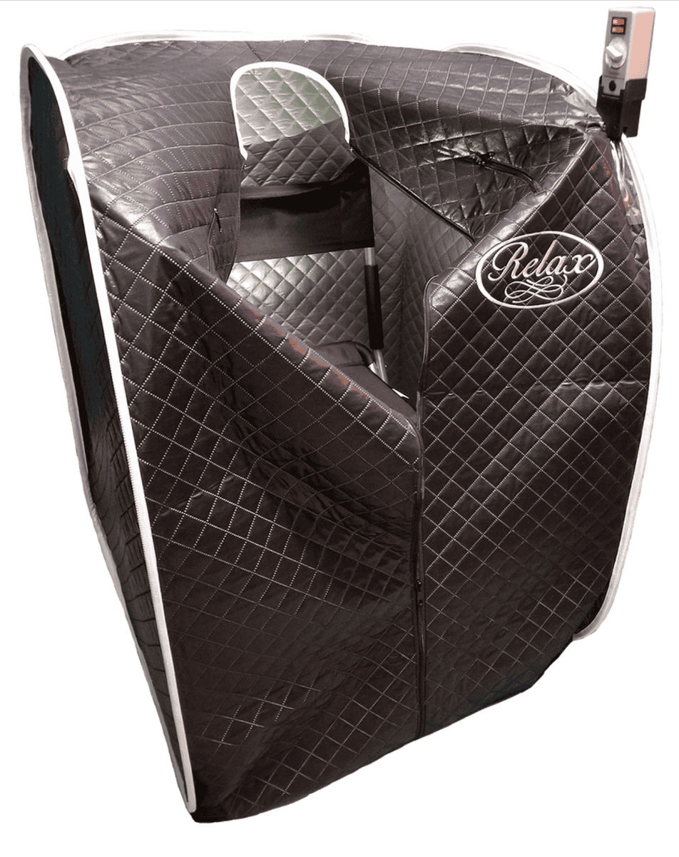 Relax Far Infrared Sauna with black tent featuring thicker reflective material for deeper detox and faster heat-up