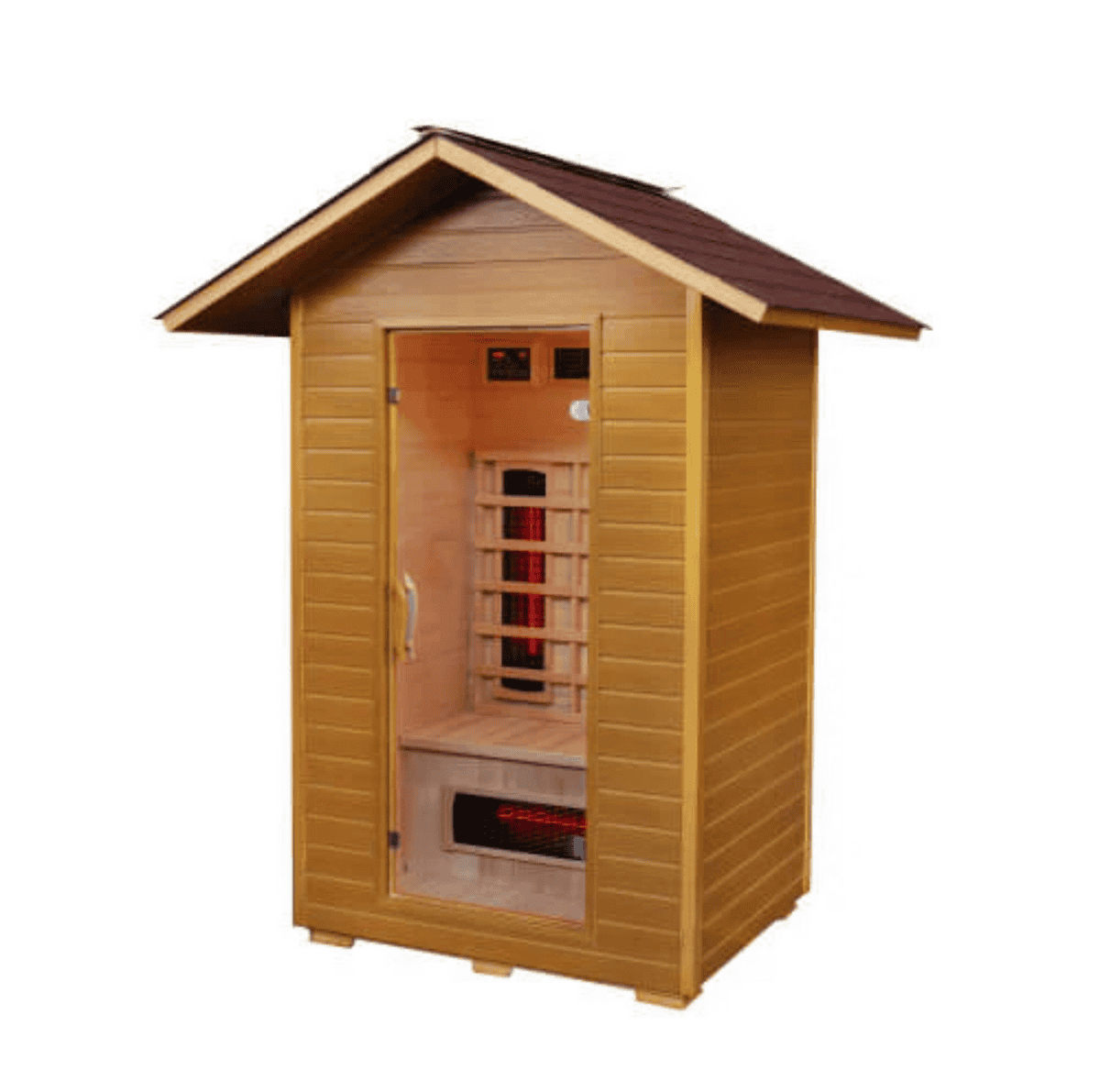 Sunray Burlington 2-person outdoor infrared sauna cabin designed for patio or backyard placement