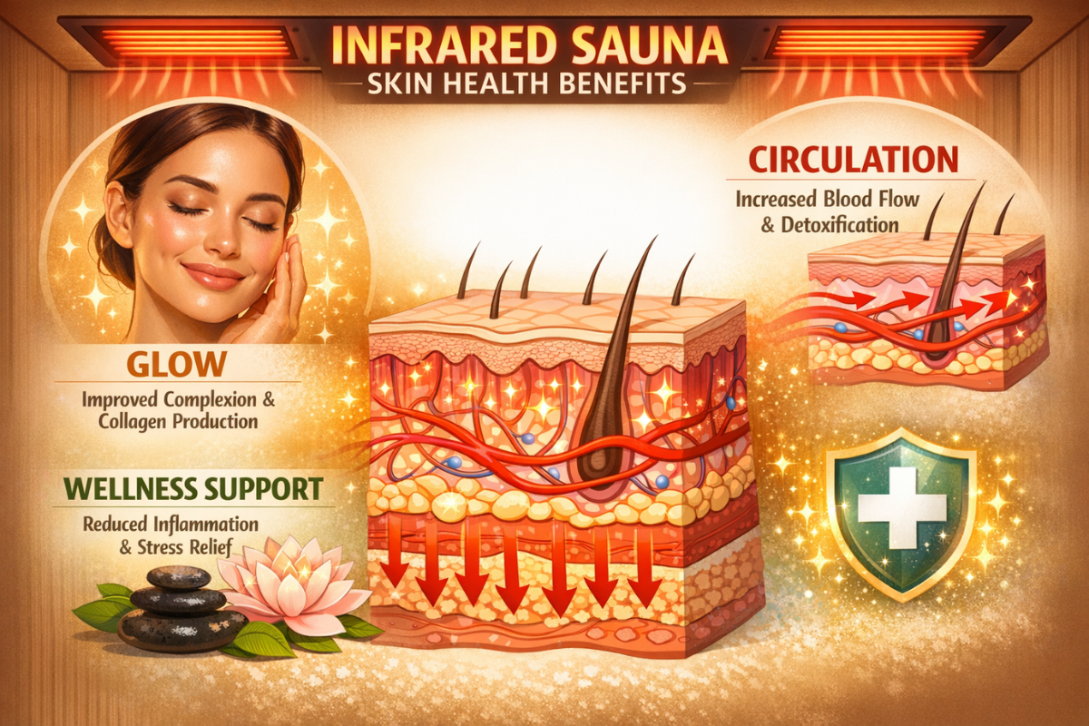 Illustration of skin health benefits of regular infrared sauna use