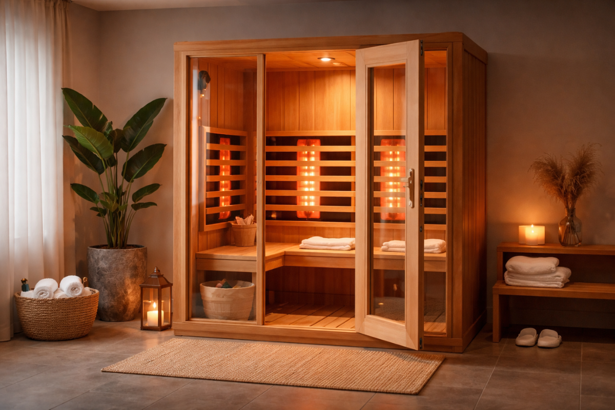 Indoor infrared sauna with door open and warm glow showing inviting placement for a regular home wellness routine.