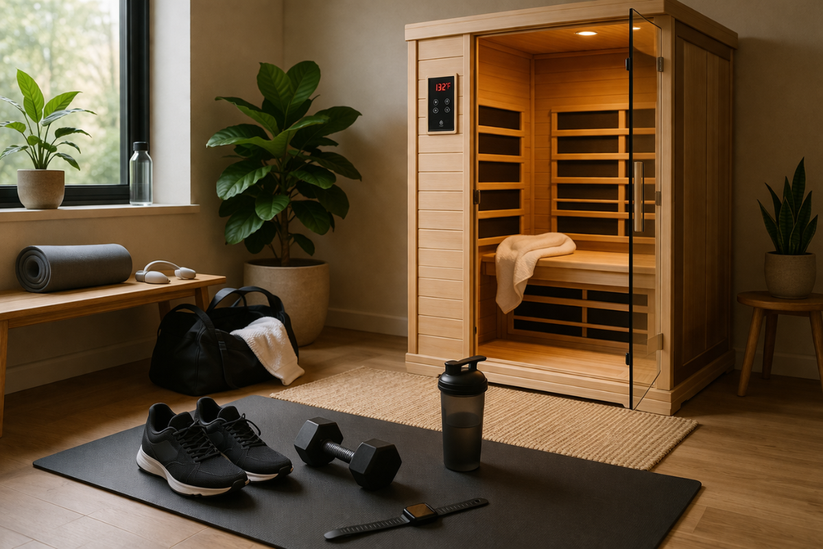 Infrared sauna pre-workout routine showing short session and light movement preparation