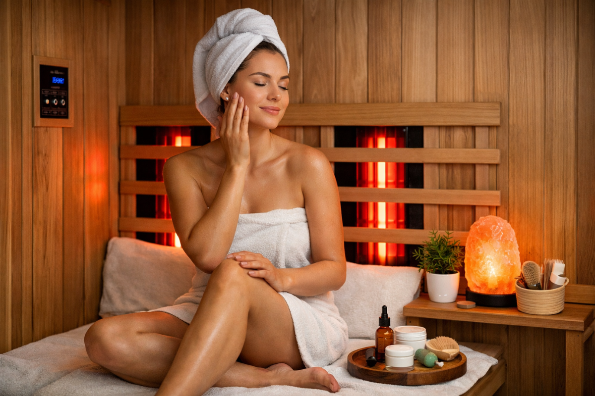 Infrared sauna lifestyle skin health routine showing wellness environment supporting longevity.