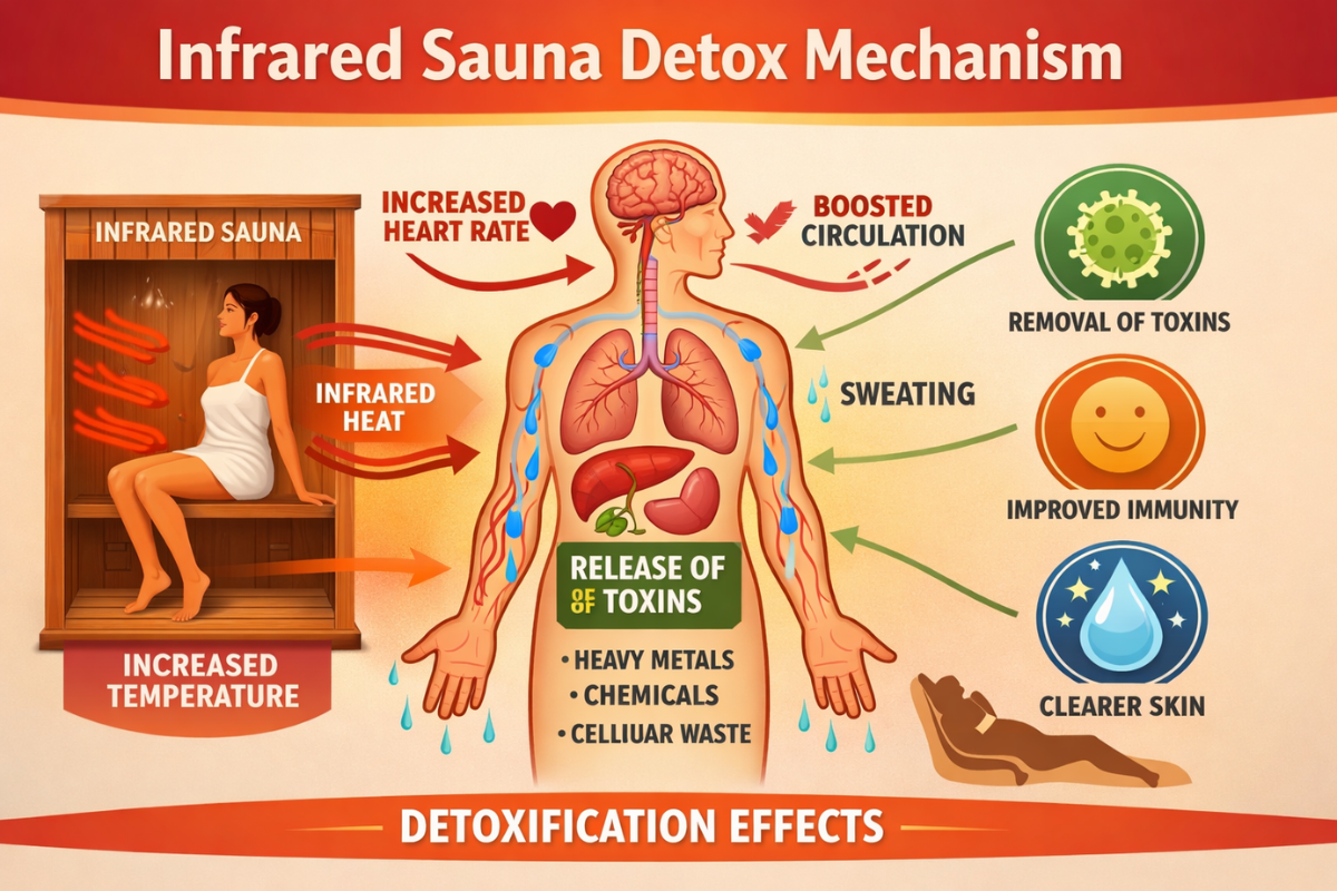 Diagram showing how infrared sauna heat supports detox pathways and circulation