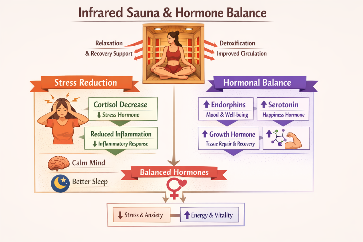 Infrared sauna hormone balance mechanism diagram showing heat-related pathways tied to stress regulation and circulation